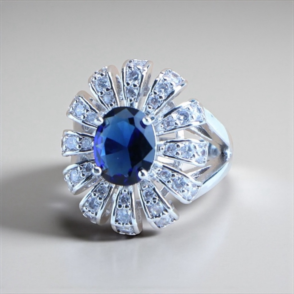 Stamped 925 Silver Flower CZ Blue Ring 7 Earrings Pendant Necklace Set - Picture 2 of 5